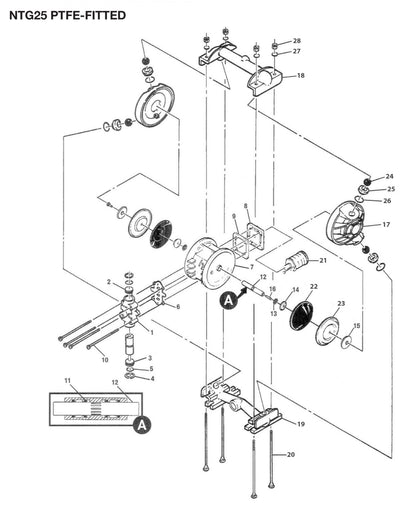 JDA Global NOMAD Trans-Flo Gold NTG25 1" Metallic PTFE-Fitted Air-Operated Double Diaphragm Pump, Bolted - manufacturer spare parts drawing 1
