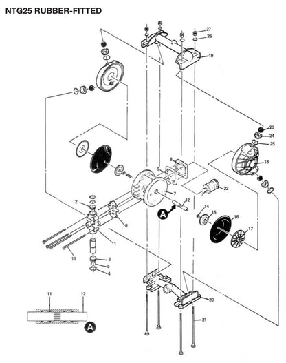 JDA Global NOMAD Trans-Flo Gold NTG25 1" Metallic Rubber/TPE-Fitted Air-Operated Double Diaphragm Pump, Bolted - manufacturer spare parts drawing 1