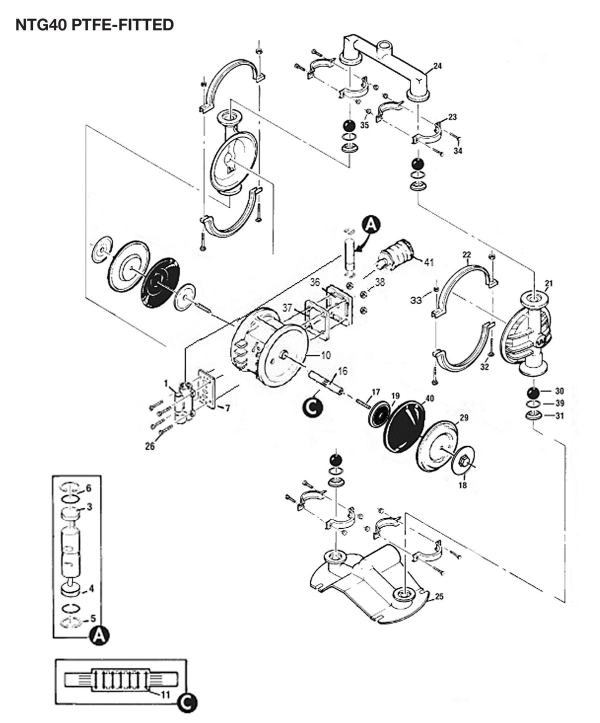 JDA Global NOMAD Trans-Flo Gold NTG40 1-1/2" Metallic PTFE-Fitted Air-Operated Double Diaphragm Pump, Clamped - manufacturer spare parts drawing 1