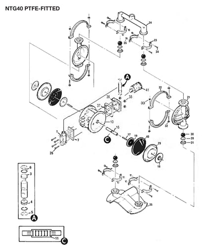 JDA Global NOMAD Trans-Flo Gold NTG40 1-1/2" Metallic PTFE-Fitted Air-Operated Double Diaphragm Pump, Clamped - manufacturer spare parts drawing 1