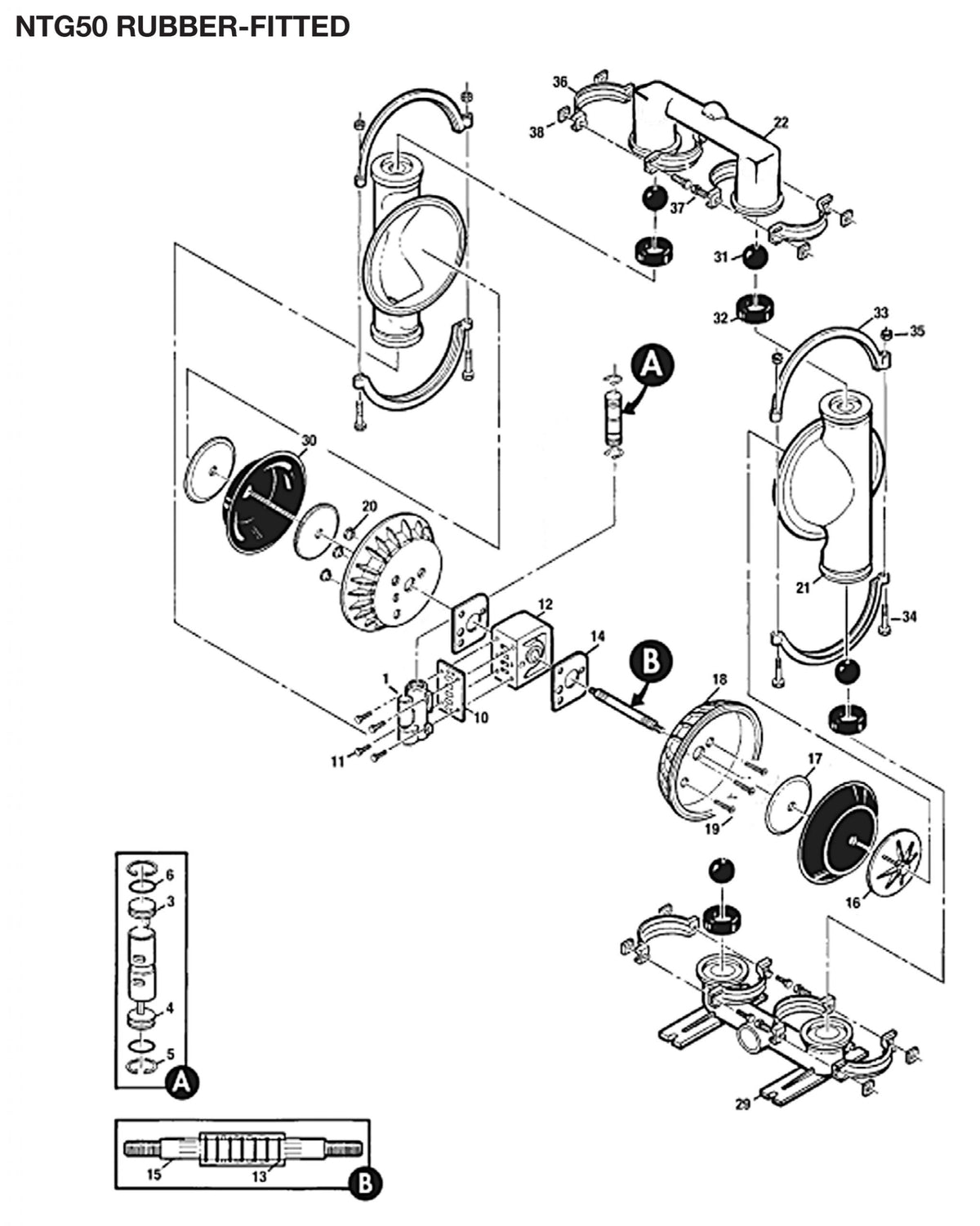 JDA Global NOMAD Trans-Flo Gold NTG50 2" Metallic Rubber/TPE-Fitted Air-Operated Double Diaphragm Pump, Clamped - manufacturer spare parts drawing 1
