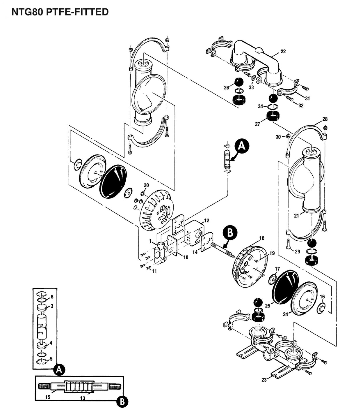 JDA Global NOMAD Trans-Flo Gold NTG80 3" Metallic PTFE-Fitted Air-Operated Double Diaphragm Pump, Clamped - manufacturer spare parts drawing 1