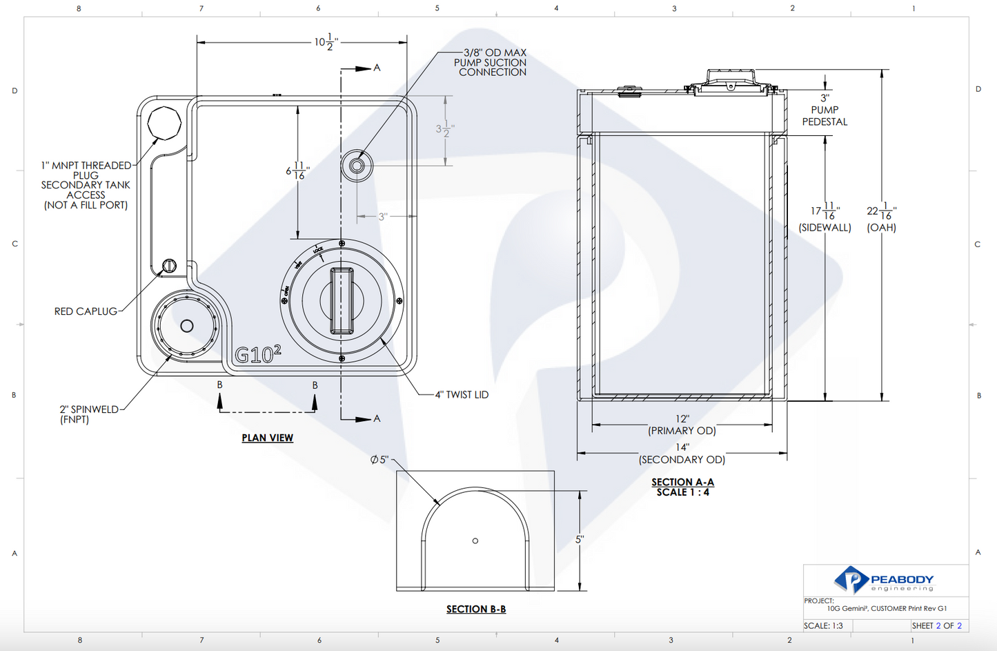 10 Gallon Peabody Engineering Gemini Square Dual Containment Tank 1.9 SG (MPN: 01-30044)