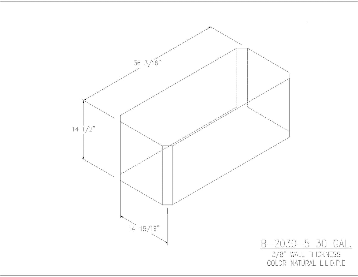 Trionic B-2030-5 30 gallon blank water/holding tank drawing, 36.188 x 14.938 x 14.5 in