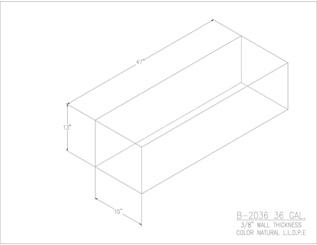 Trionic B-2036 36 gallon blank water/holding tank drawing, 47 x 15 x 13 in
