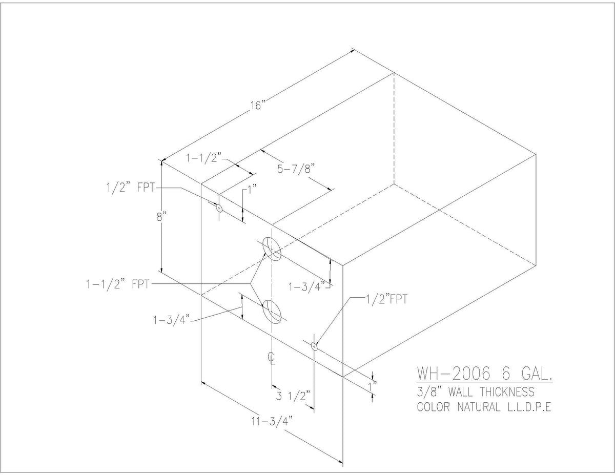 Trionic WH-2006 6 gallon water/holding tank drawing with fitting locations, 16 x 11.75 x 8 in
