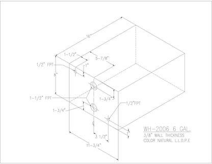 Trionic WH-2006 6 gallon water/holding tank drawing with fitting locations, 16 x 11.75 x 8 in