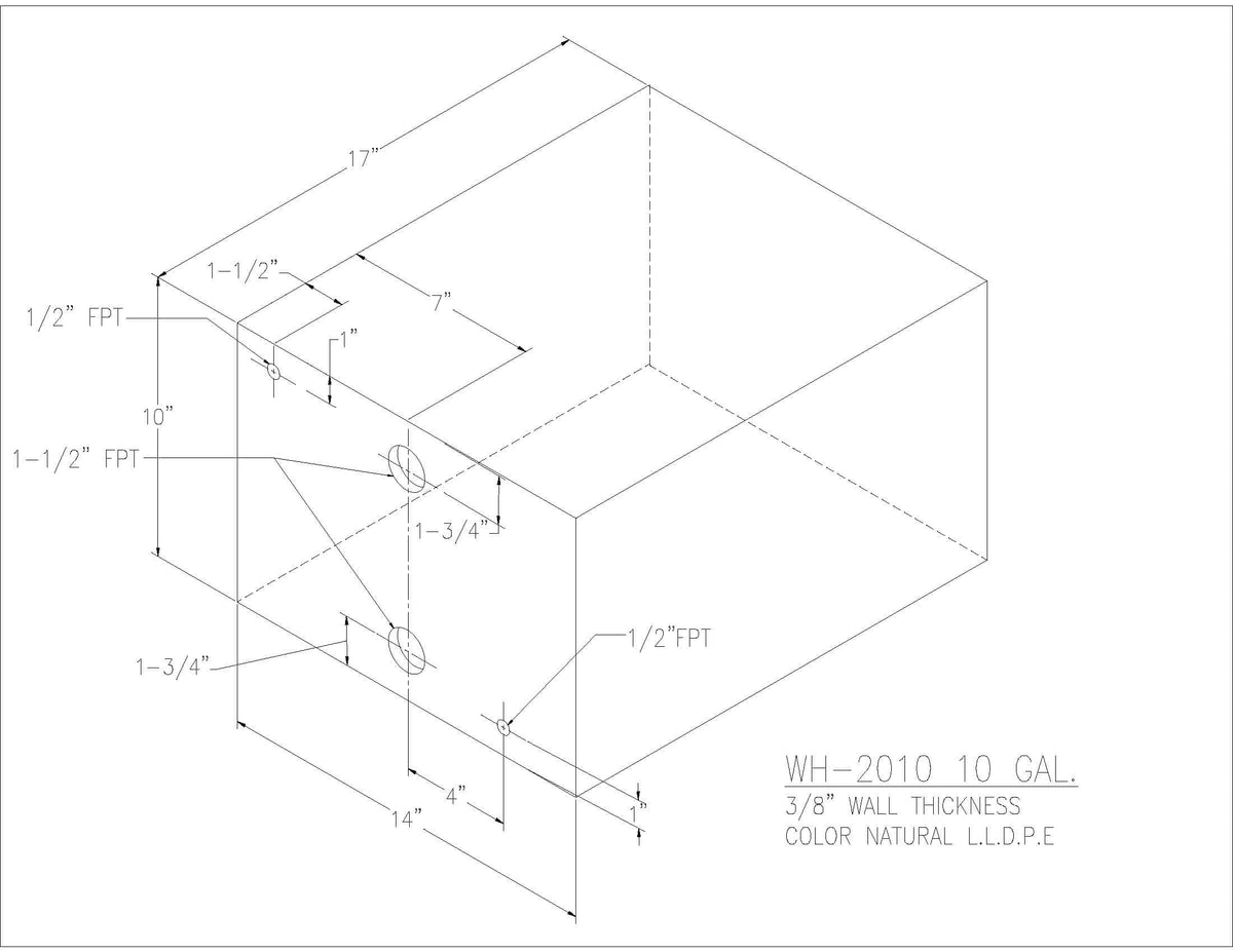Trionic WH-2010 10 gallon water/holding tank drawing with fitting locations, 17 x 14 x 10 in