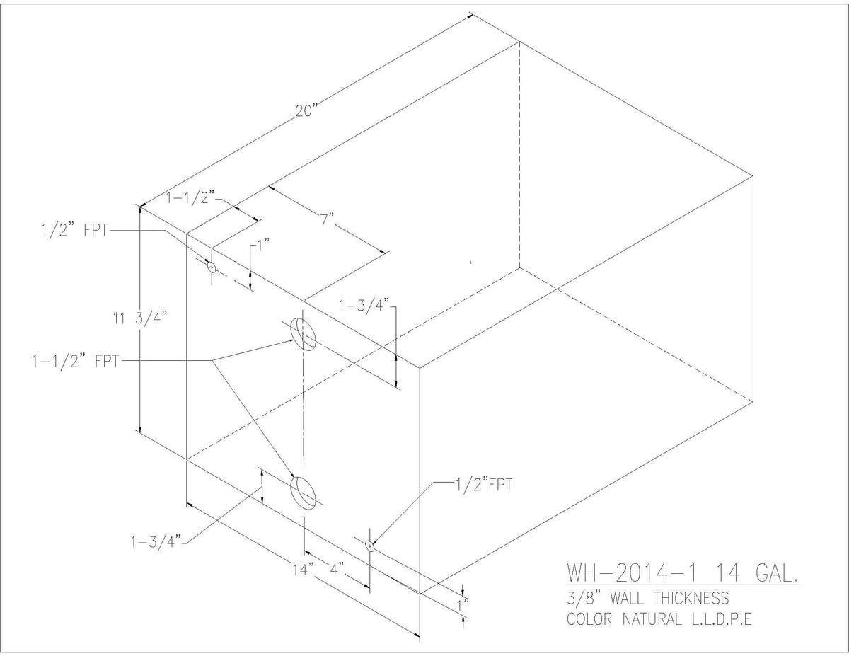 Trionic WH-2014-1 14 gallon water/holding tank drawing with fitting locations, 20 x 14 x 11.75 in