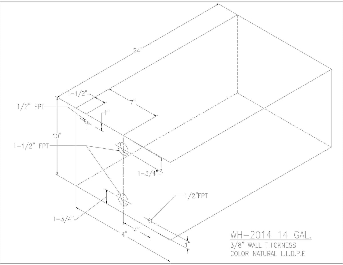 Trionic WH-2014 14 gallon water/holding tank drawing with fitting locations, 24 x 14 x 10 in