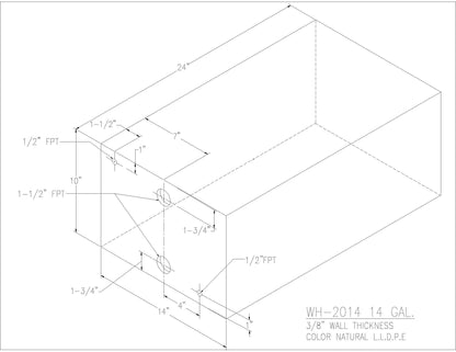Trionic WH-2014 14 gallon water/holding tank drawing with fitting locations, 24 x 14 x 10 in