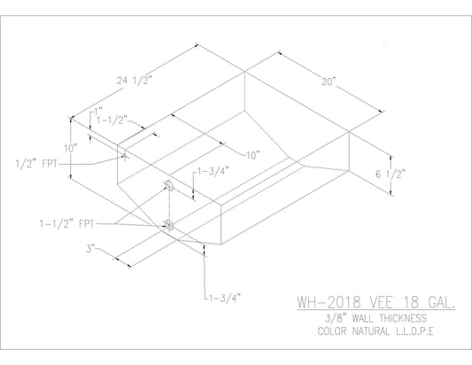 Trionic WH-2018 18 gallon water/holding tank drawing with fitting locations, 24.5 x 20 x 10 in