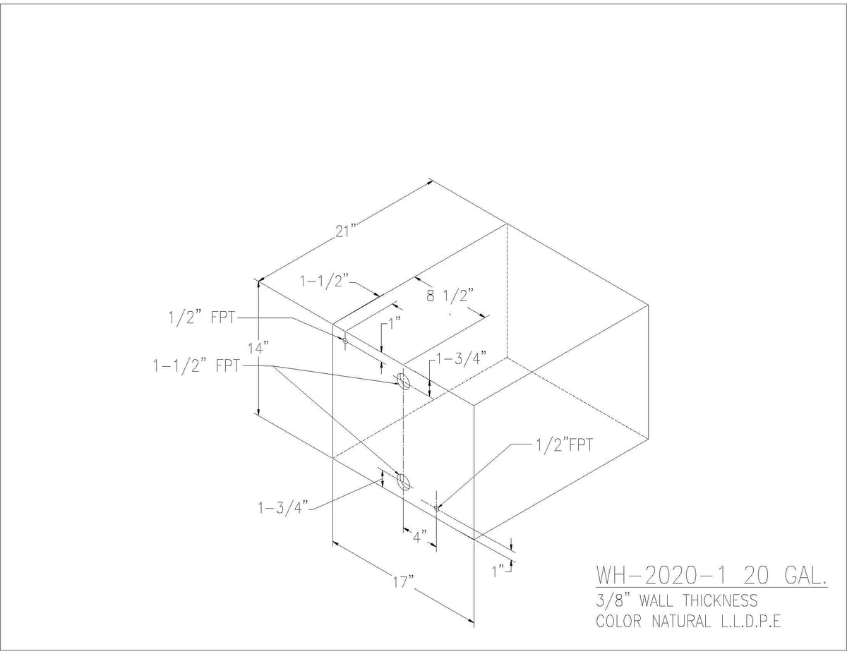 Trionic WH-2020-1 20 gallon water/holding tank drawing with fitting locations, 21 x 17 x 14 in