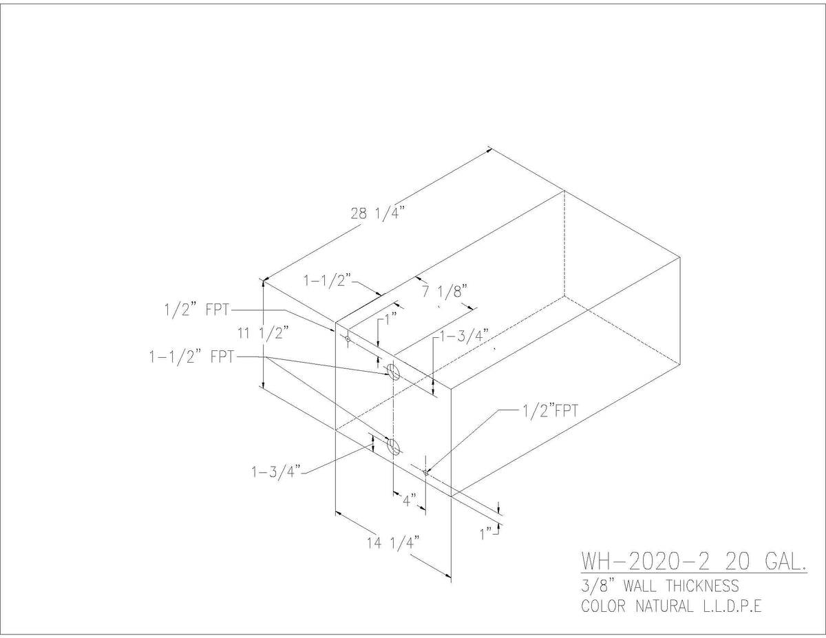 Trionic WH-2020-2 20 gallon water/holding tank drawing with fitting locations, 28.25 x 14.25 x 11.5 in