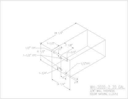 Trionic WH-2020-2 20 gallon water/holding tank drawing with fitting locations, 28.25 x 14.25 x 11.5 in
