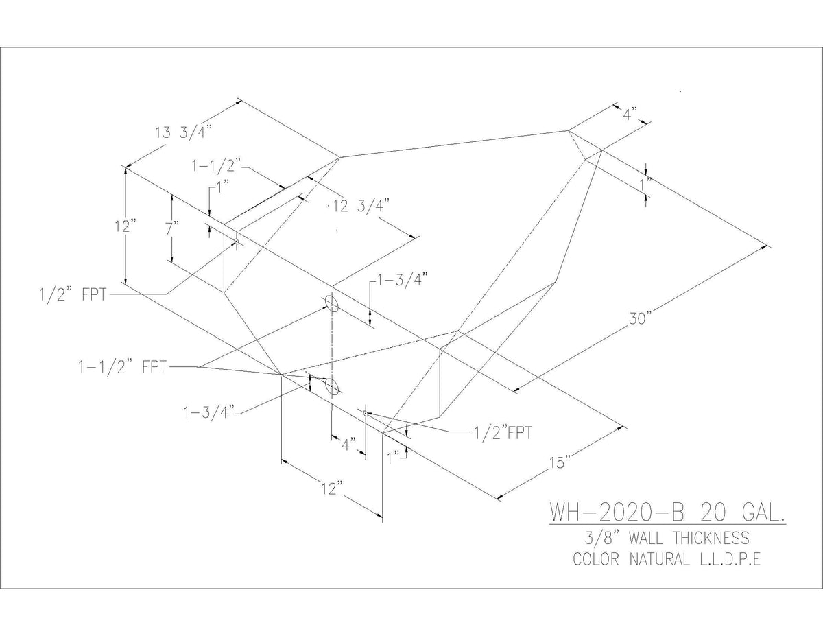 Trionic WH-2020-B 20 gallon water/holding tank drawing with fitting locations, 30 x 25.5 x 12 in