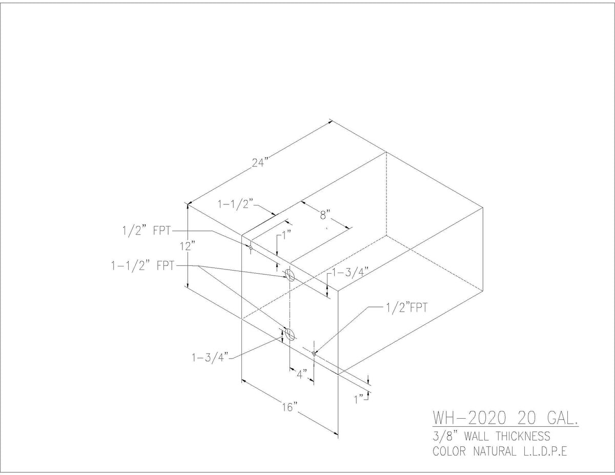 Trionic WH-2020 20 gallon water/holding tank drawing with fitting locations, 24 x 16 x 12 in
