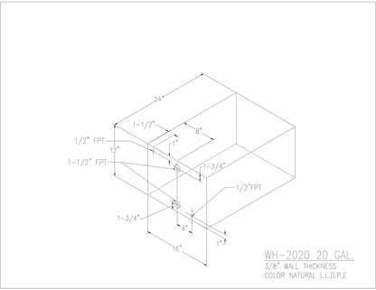 Trionic WH-2020 20 gallon water/holding tank drawing with fitting locations, 24 x 16 x 12 in