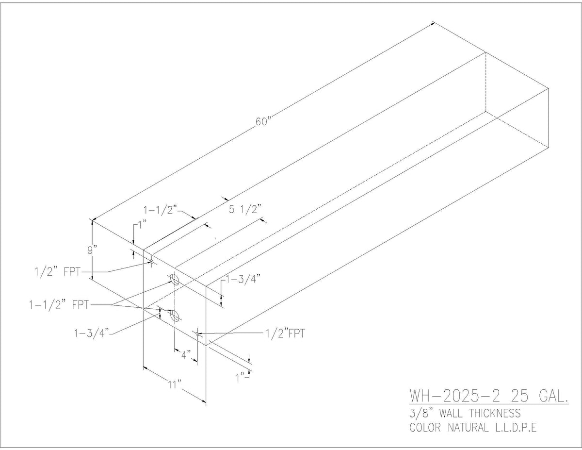 Trionic WH-2025-2 25 gallon water/holding tank drawing with fitting locations, 60 x 11 x 9 in