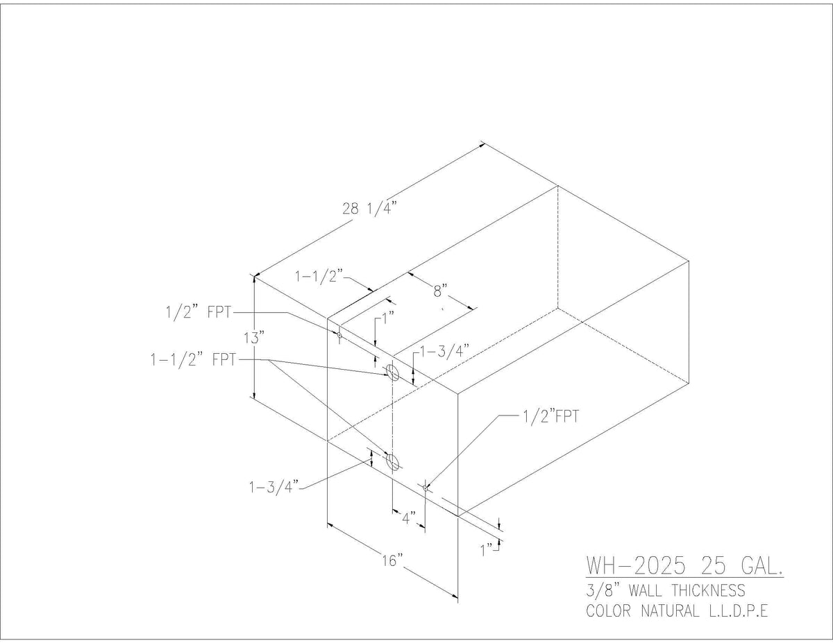 Trionic WH-2025 25 gallon water/holding tank drawing with fitting locations, 28.25 x 16 x 13 in