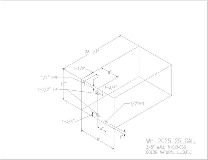 Trionic WH-2025 25 gallon water/holding tank drawing with fitting locations, 28.25 x 16 x 13 in