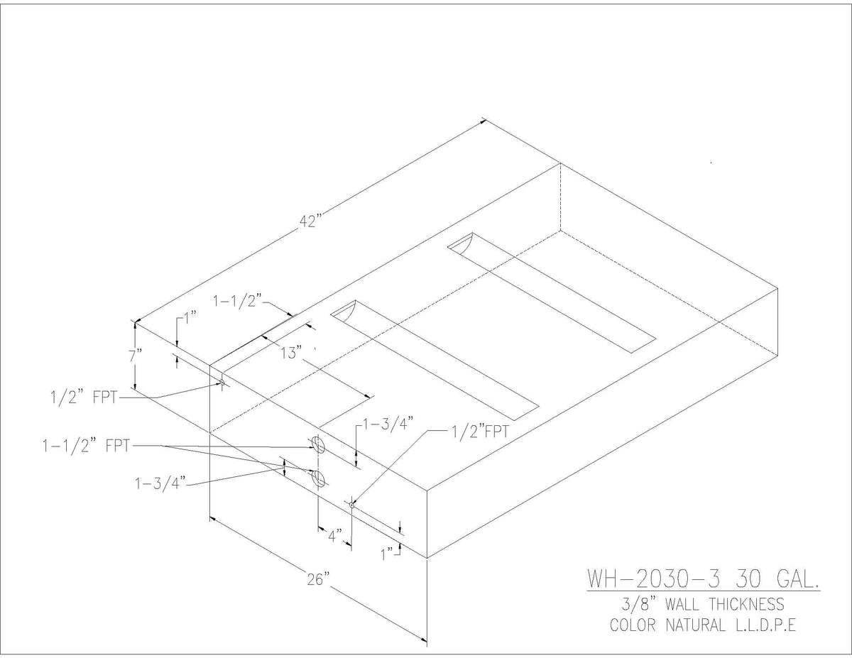 Trionic WH-2030-3 30 gallon water/holding tank drawing with fitting locations, 42 x 26 x 7 in
