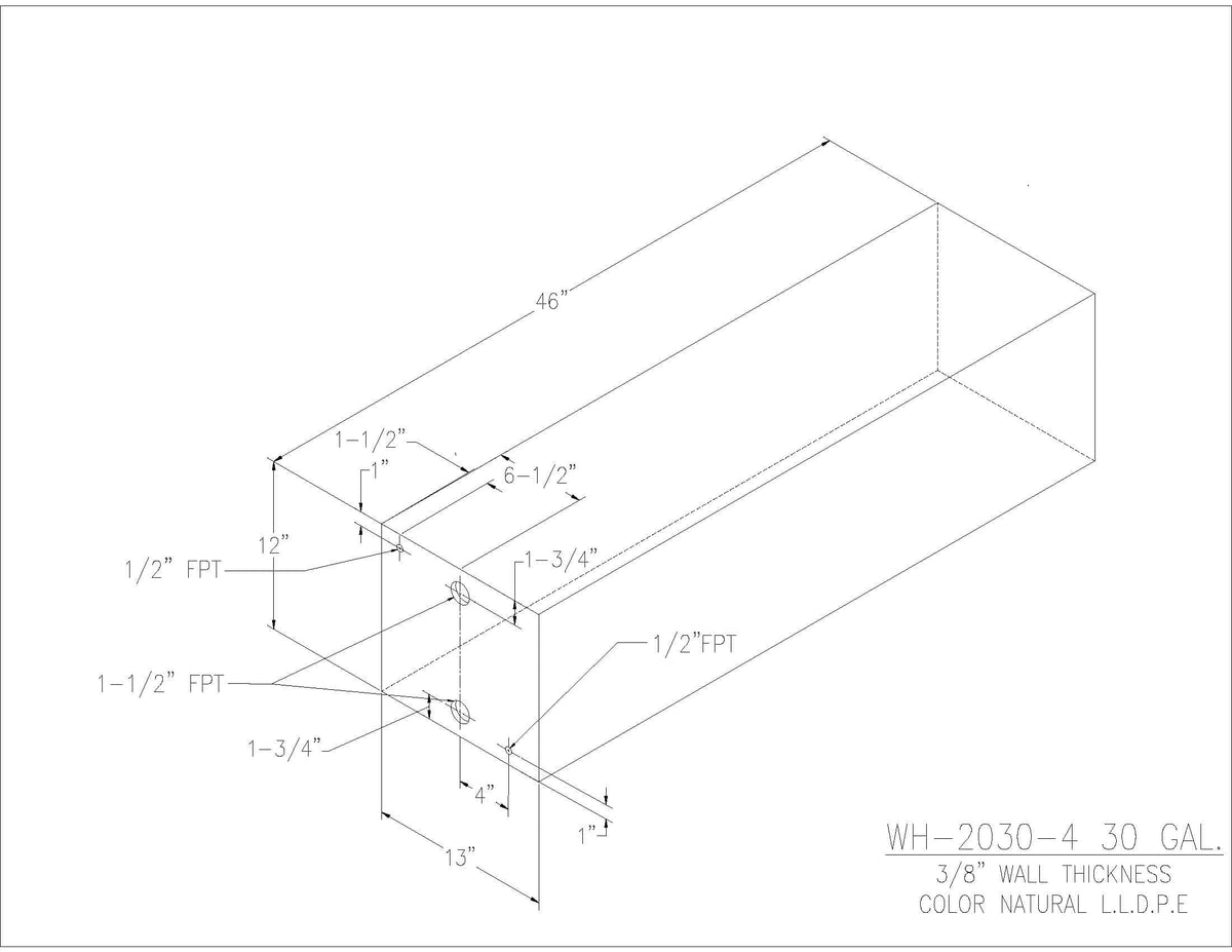 Trionic WH-2030-4 30 gallon water/holding tank drawing with fitting locations, 46 x 13 x 12 in