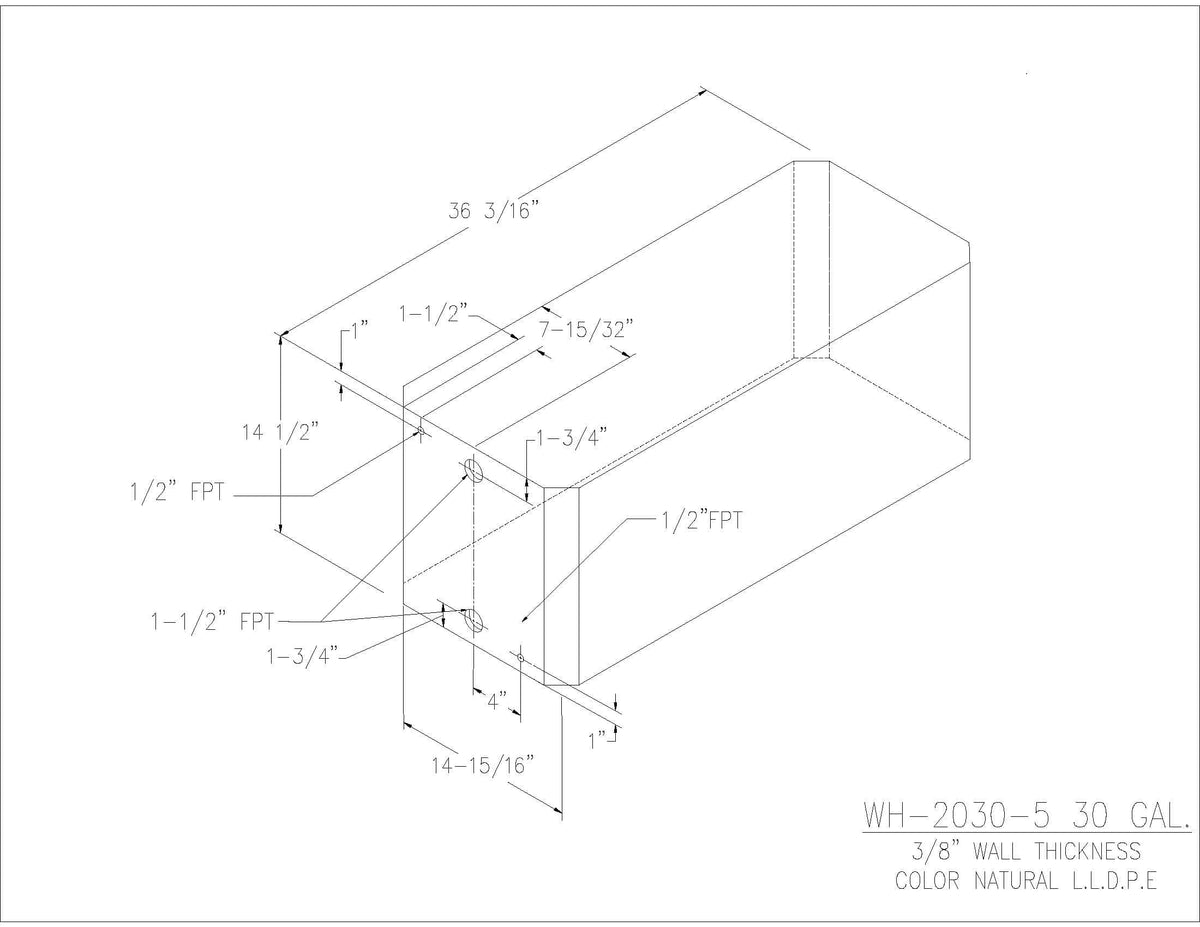 Trionic WH-2030-5 30 gallon water/holding tank drawing with fitting locations, 36.188 x 14.938 x 14.5 in