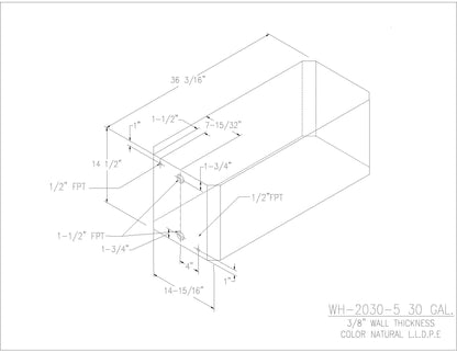 Trionic WH-2030-5 30 gallon water/holding tank drawing with fitting locations, 36.188 x 14.938 x 14.5 in