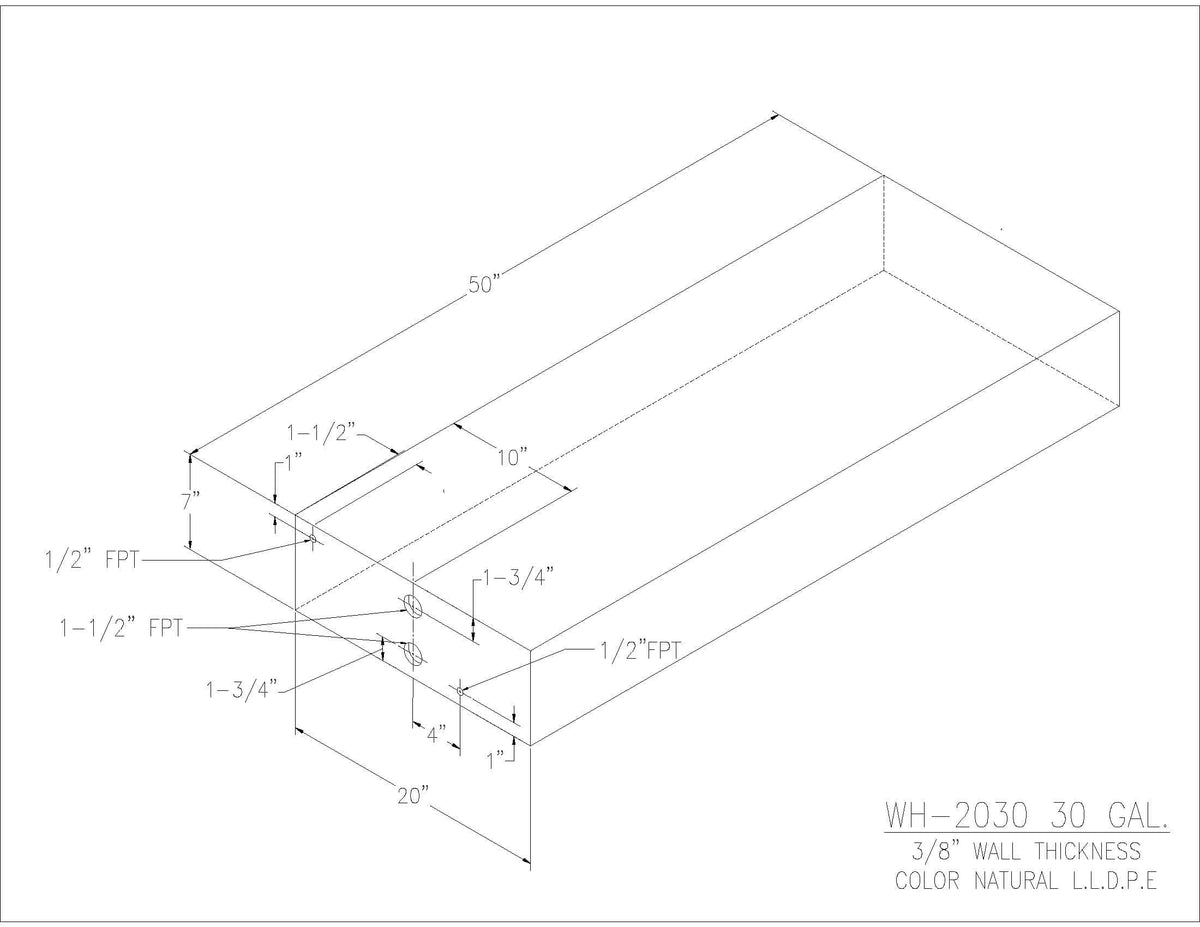 Trionic WH-2030 30 gallon water/holding tank drawing with fitting locations, 50 x 20 x 7 in