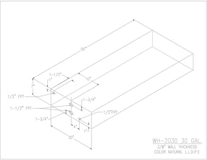 Trionic WH-2030 30 gallon water/holding tank drawing with fitting locations, 50 x 20 x 7 in