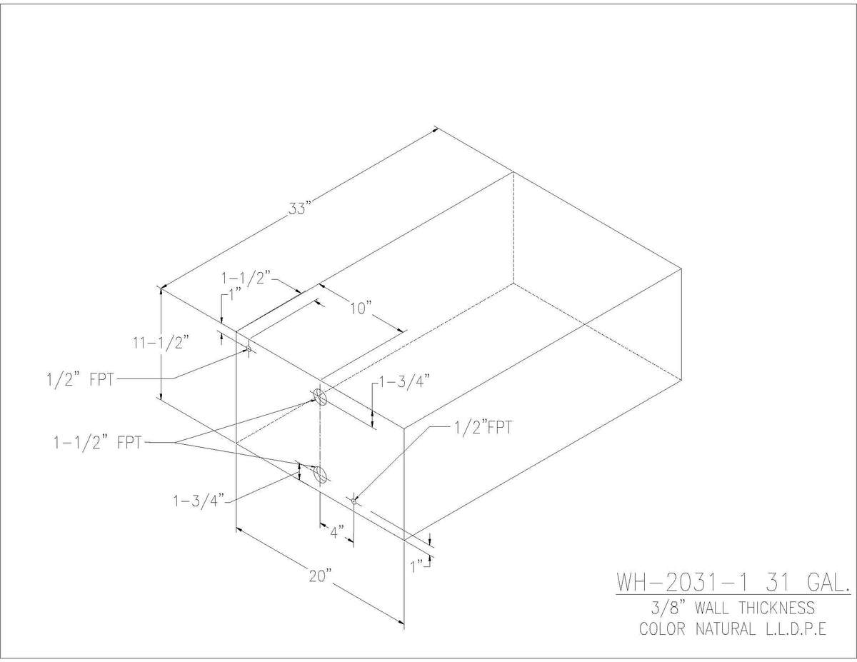 Trionic WH-2031-1 31 gallon water/holding tank drawing with fitting locations, 33 x 20 x 11.5 in