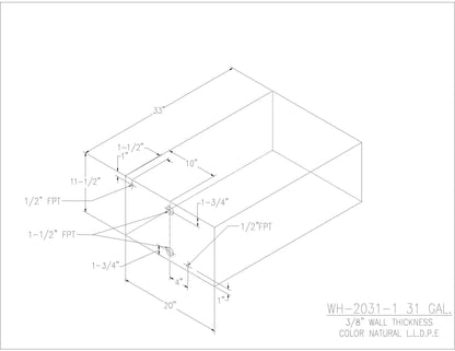 Trionic WH-2031-1 31 gallon water/holding tank drawing with fitting locations, 33 x 20 x 11.5 in