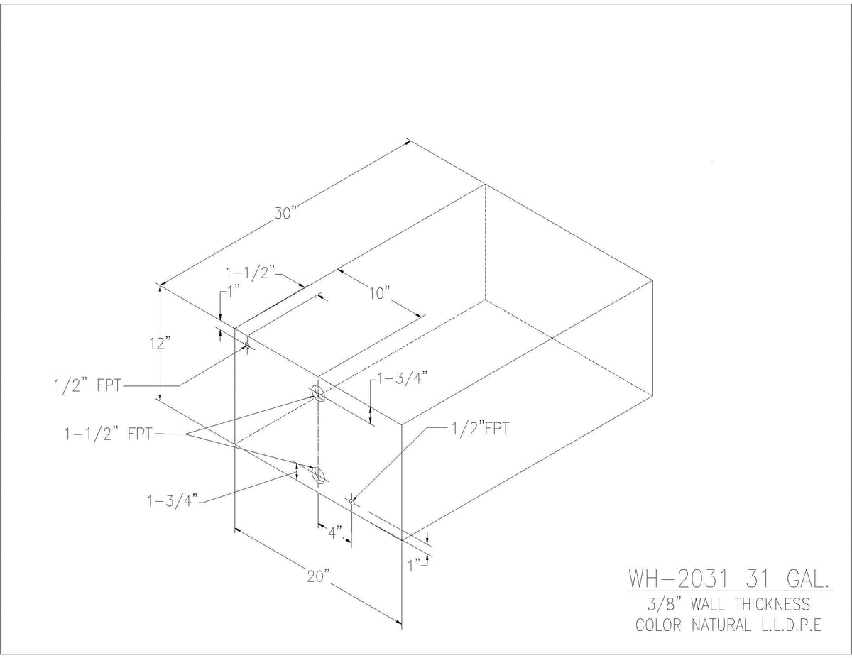 Trionic WH-2031 31 gallon water/holding tank drawing with fitting locations, 30 x 20 x 12 in