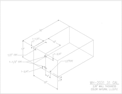 Trionic WH-2031 31 gallon water/holding tank drawing with fitting locations, 30 x 20 x 12 in