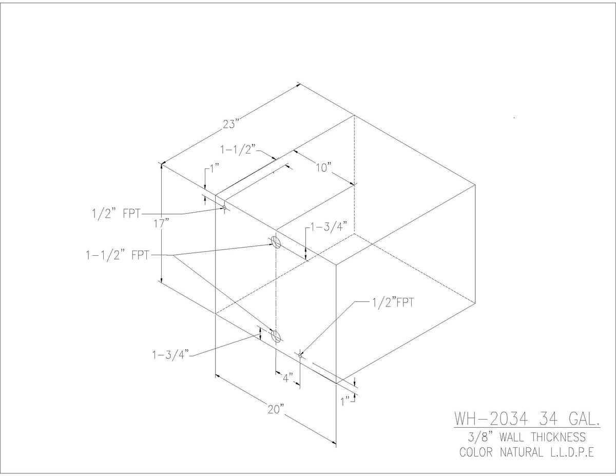 Trionic WH-2034 34 gallon water/holding tank drawing with fitting locations, 23 x 20 x 17 in