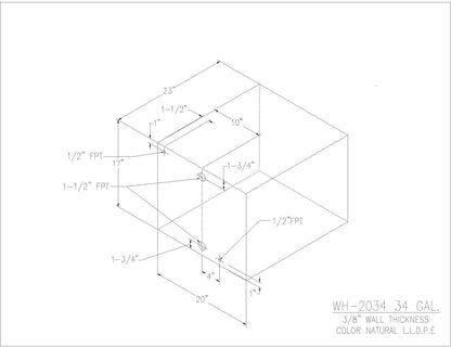 Trionic WH-2034 34 gallon water/holding tank drawing with fitting locations, 23 x 20 x 17 in