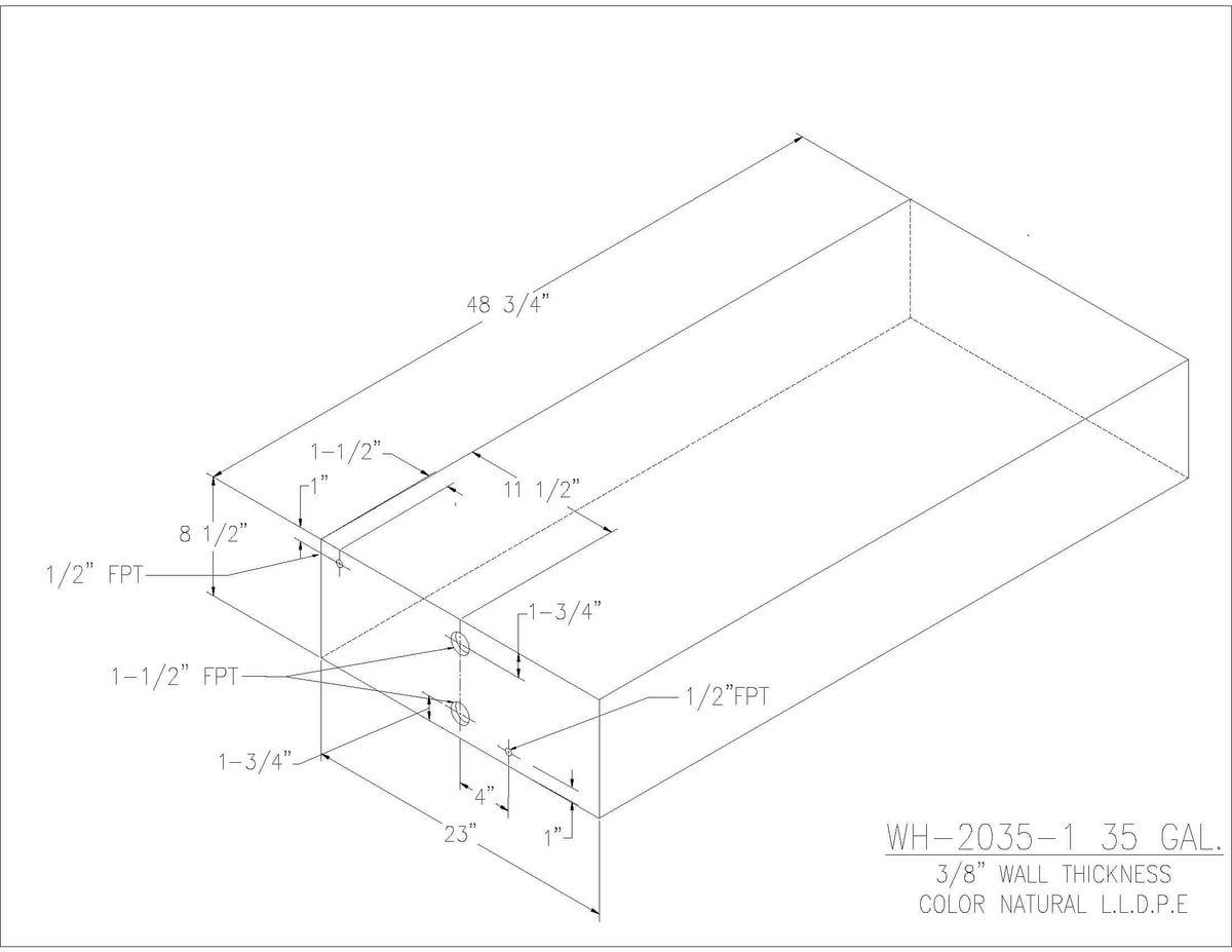 Trionic WH-2035-1 35 gallon water/holding tank drawing with fitting locations, 48.75 x 23 x 8.5 in