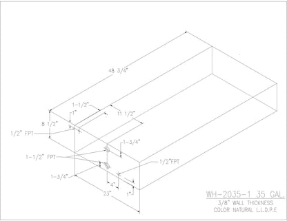 Trionic WH-2035-1 35 gallon water/holding tank drawing with fitting locations, 48.75 x 23 x 8.5 in