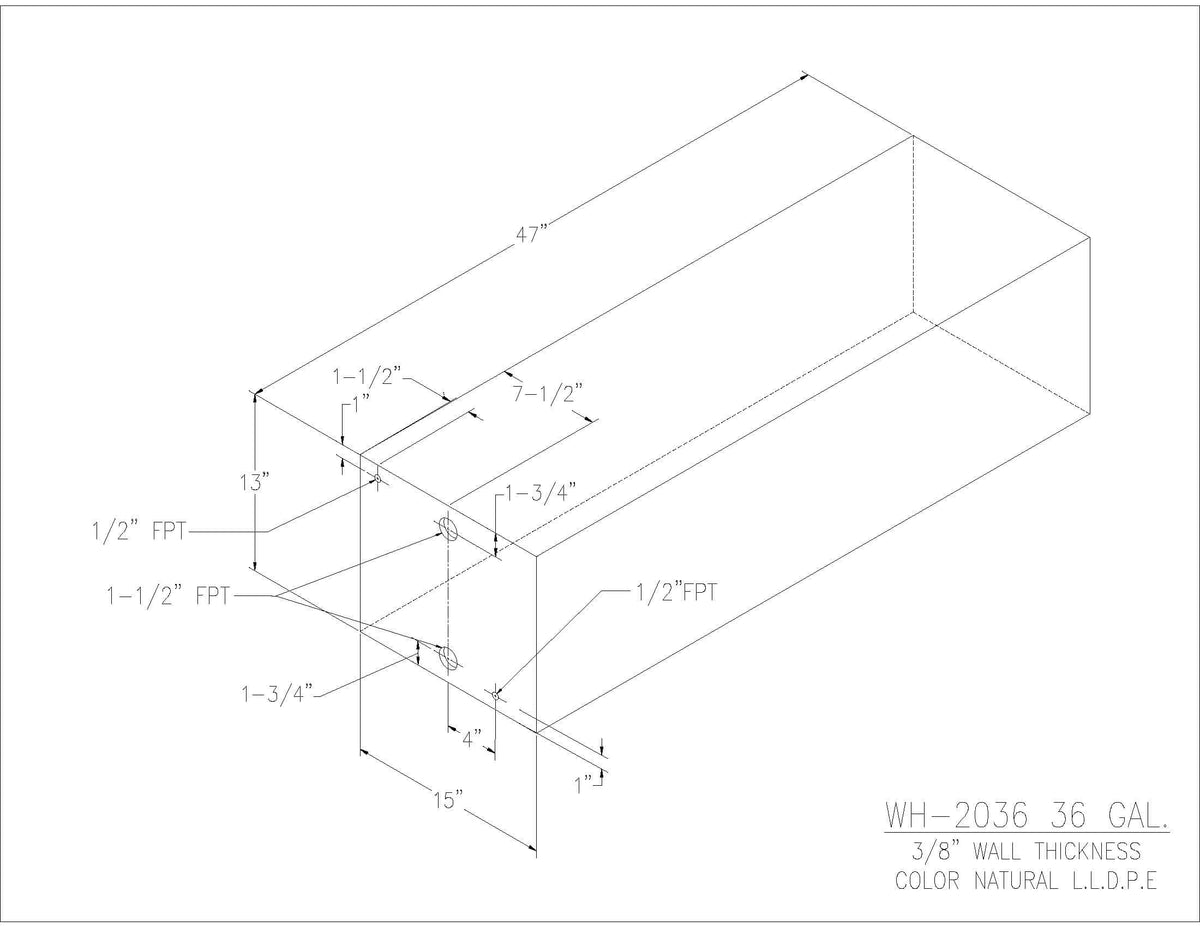 Trionic WH-2036 36 gallon water/holding tank drawing with fitting locations, 47 x 15 x 13 in