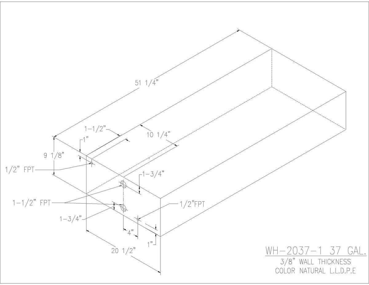Trionic WH-2037-1 37 gallon water/holding tank drawing with fitting locations, 51.25 x 20.5 x 9.125 in