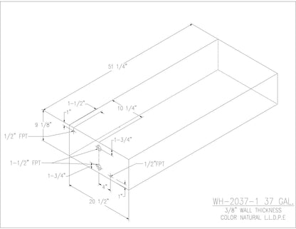 Trionic WH-2037-1 37 gallon water/holding tank drawing with fitting locations, 51.25 x 20.5 x 9.125 in