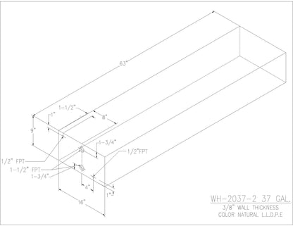 Trionic WH-2037-2 37 gallon water/holding tank drawing with fitting locations, 63 x 16 x 9 in