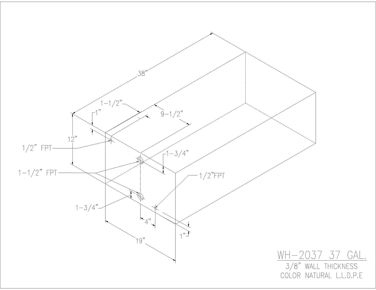 Trionic WH-2037 37 gallon water/holding tank drawing with fitting locations, 38 x 19 x 12 in
