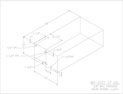 Trionic WH-2037 37 gallon water/holding tank drawing with fitting locations, 38 x 19 x 12 in