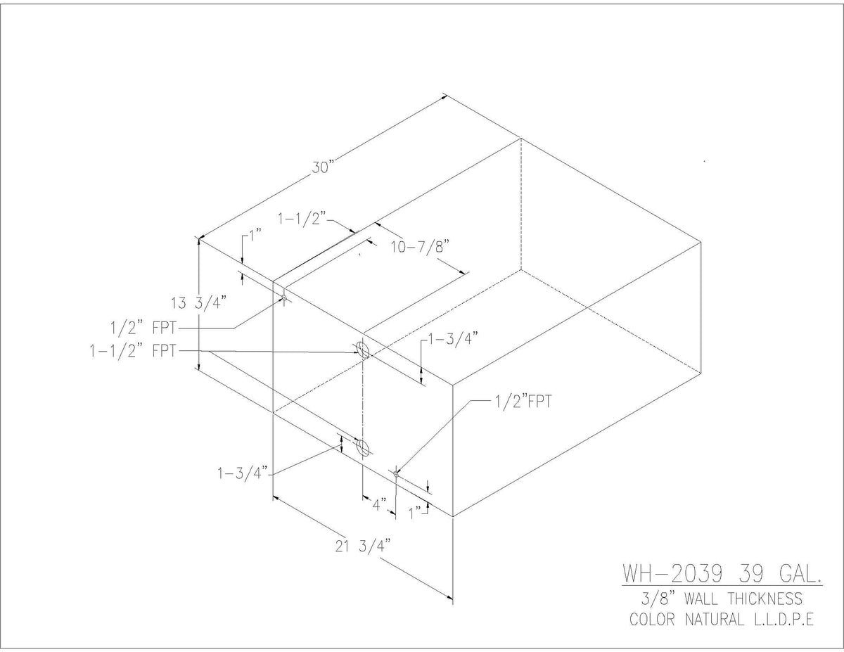 Trionic WH-2039 39 gallon water/holding tank drawing with fitting locations, 30 x 21.75 x 13.75 in