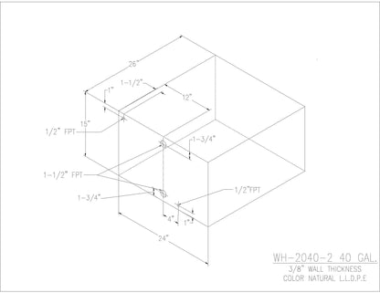 Trionic WH-2040-2 40 gallon water/holding tank drawing with fitting locations, 26 x 24 x 15 in