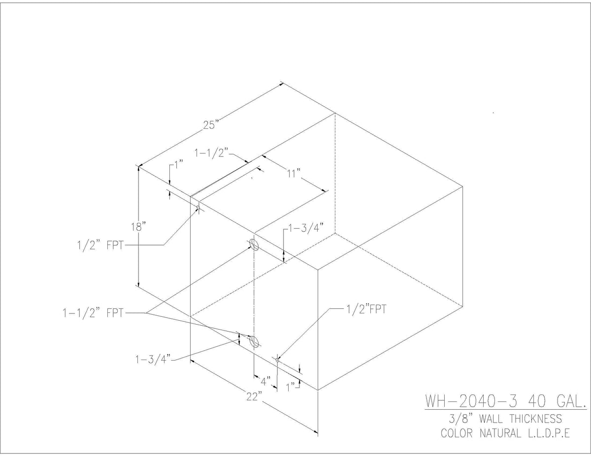 Trionic WH-2040-3 40 gallon water/holding tank drawing with fitting locations, 25 x 22 x 18 in