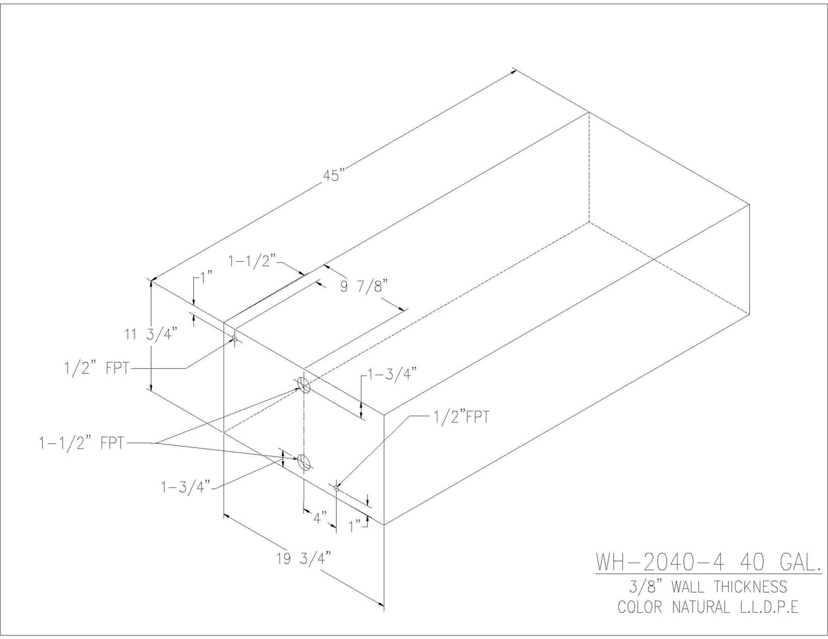 Trionic WH-2040-4 40 gallon water/holding tank drawing with fitting locations, 45 x 19.75 x 11.75 in