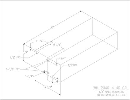 Trionic WH-2040-4 40 gallon water/holding tank drawing with fitting locations, 45 x 19.75 x 11.75 in